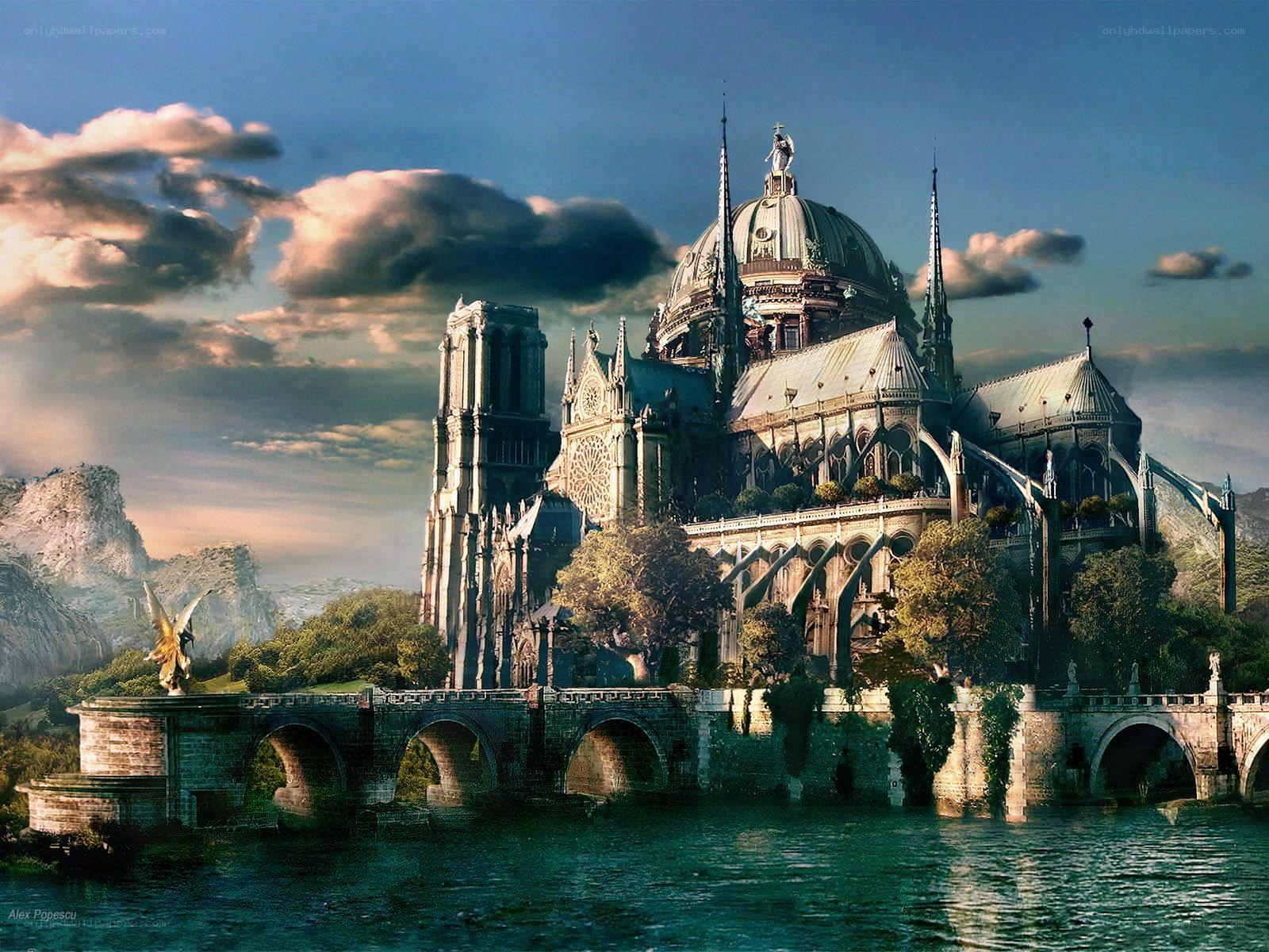 Fantasy cathedral on an island