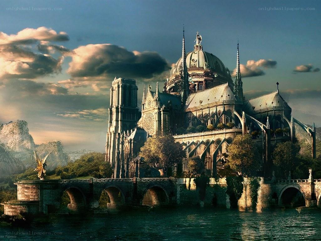 Fantasy cathedral on an island