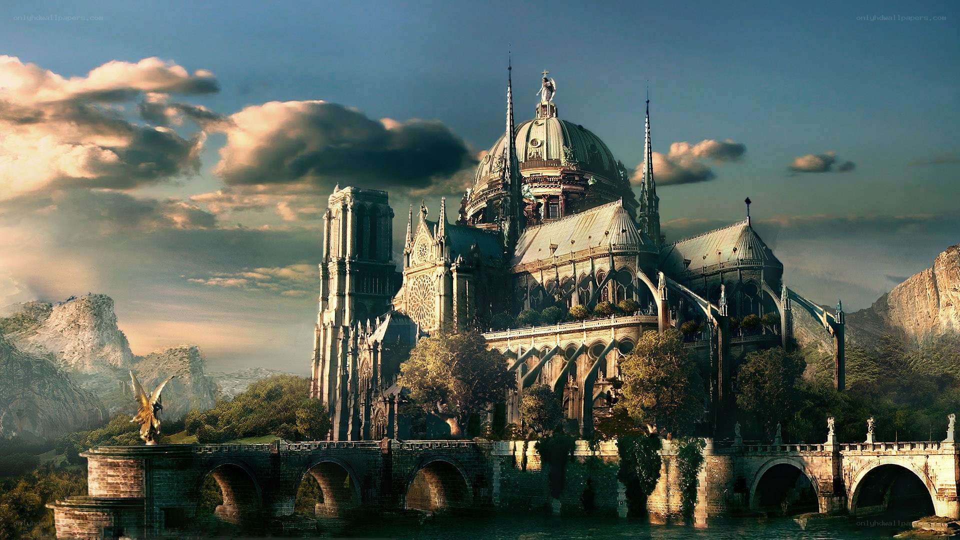 fantasy cathedral on an island