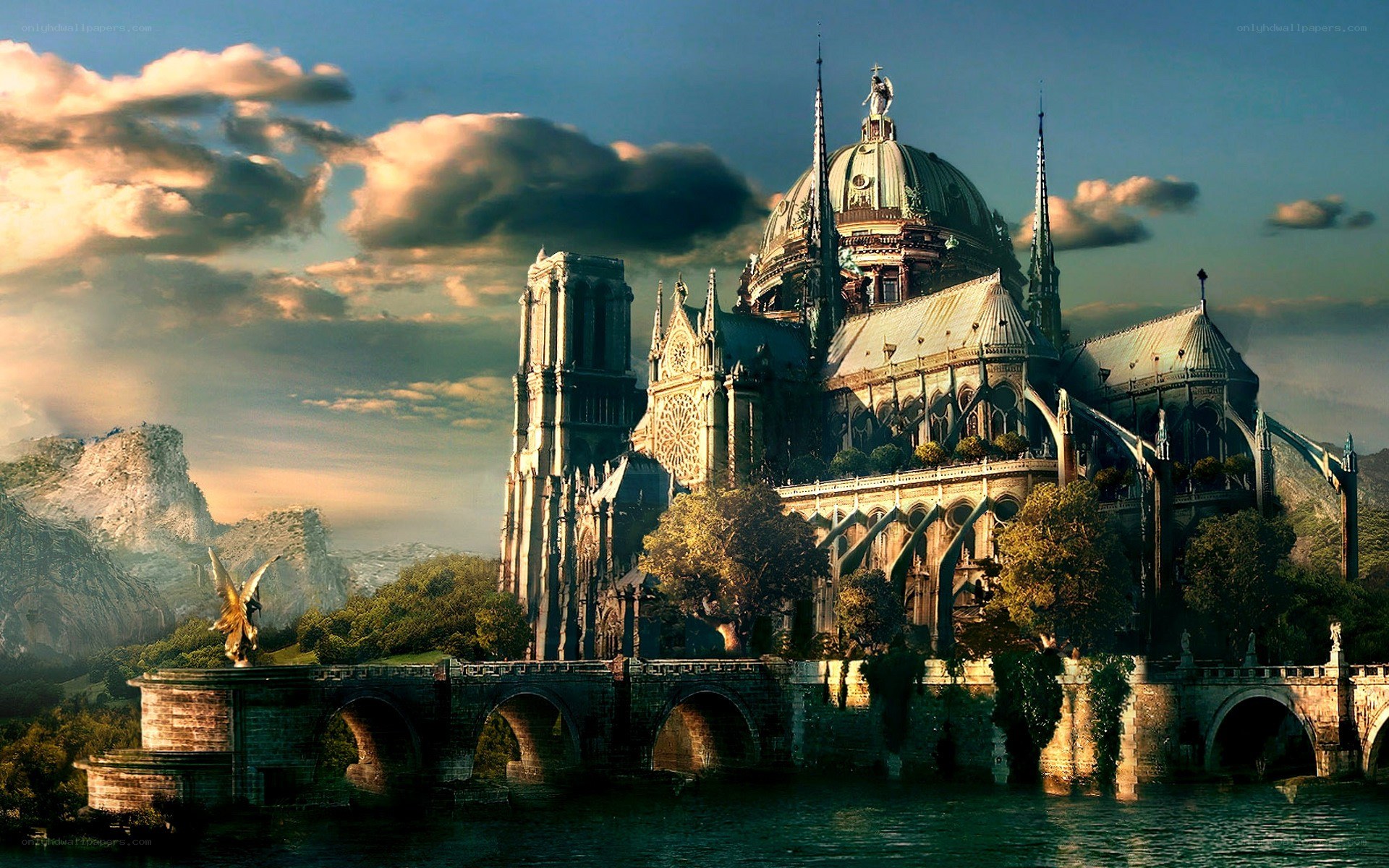 fantasy cathedral on an island