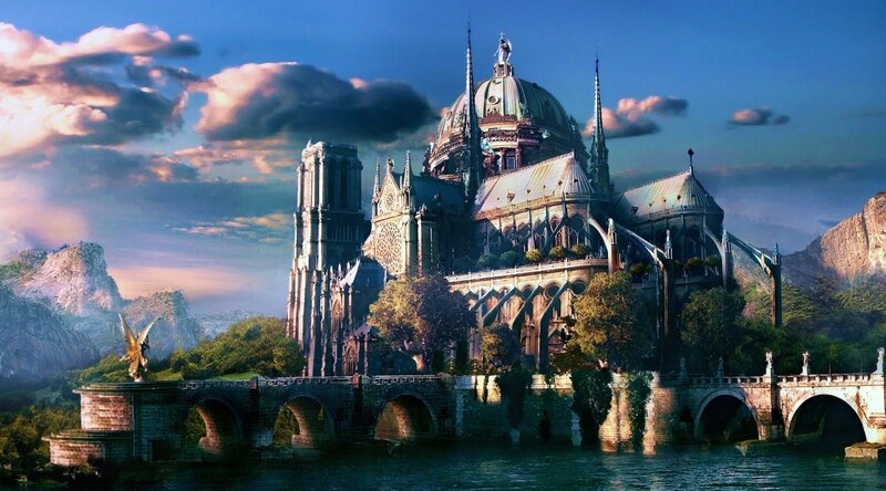 fantasy cathedral on an island