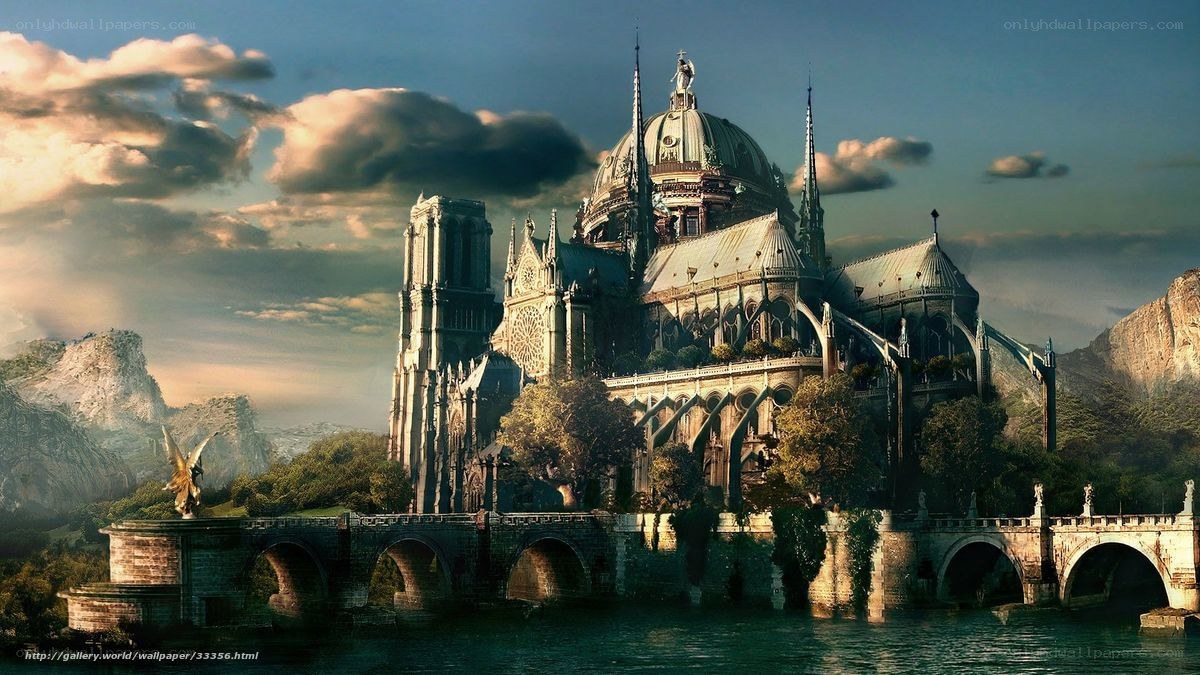 Fantasy cathedral on an island