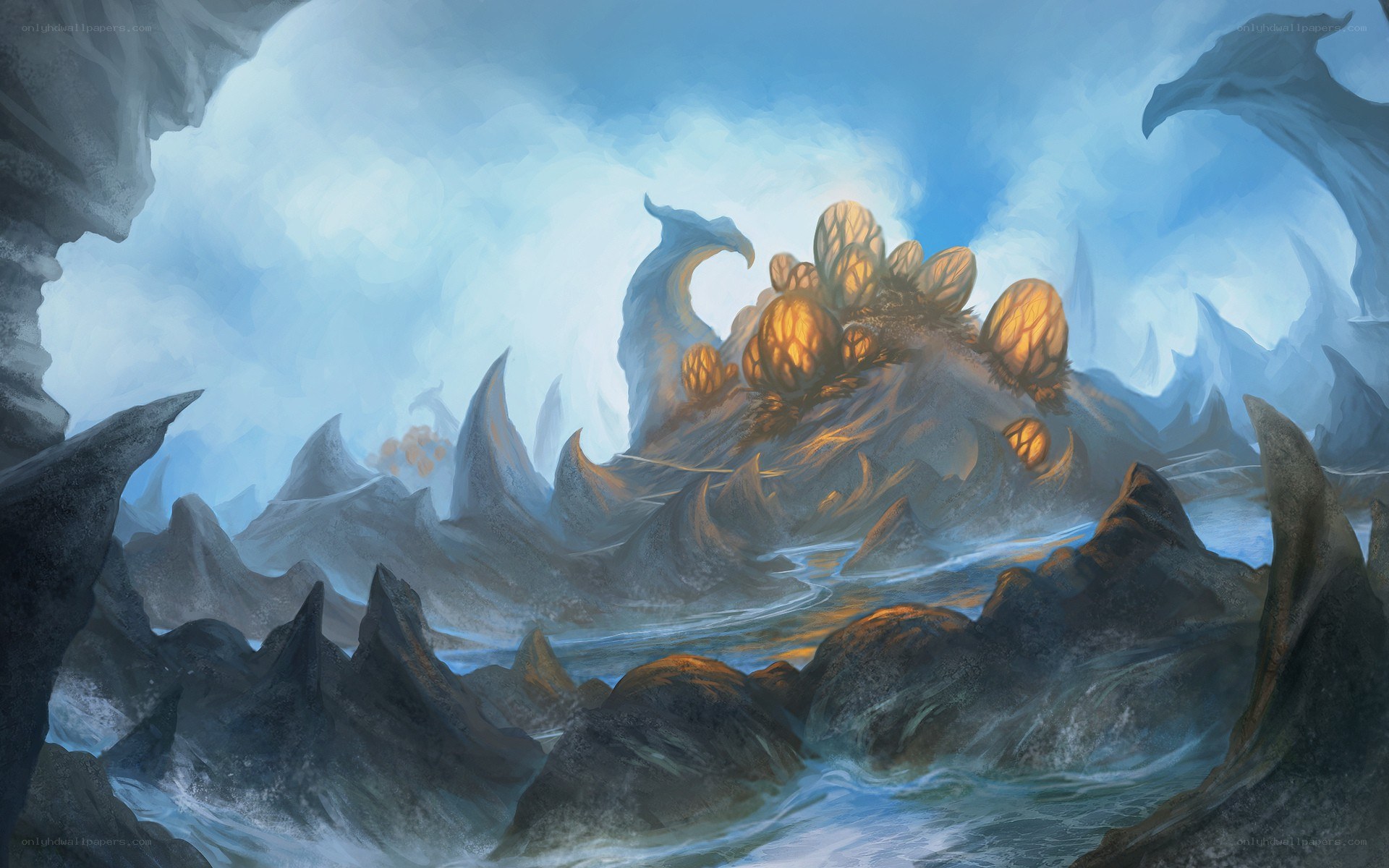 fantasy cave with glowing eggs