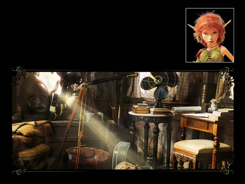 fantasy character in cluttered room