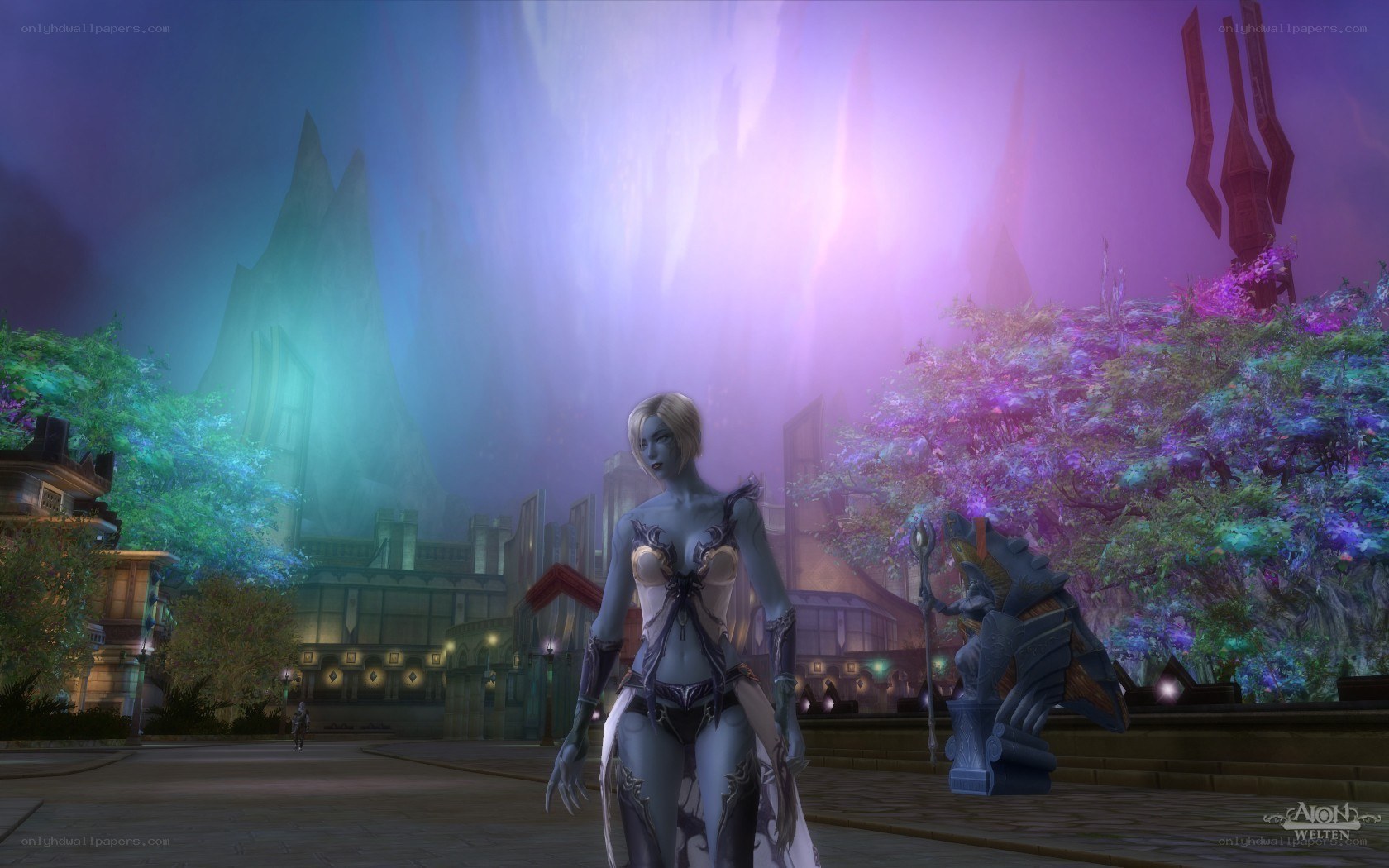fantasy character in glowing city