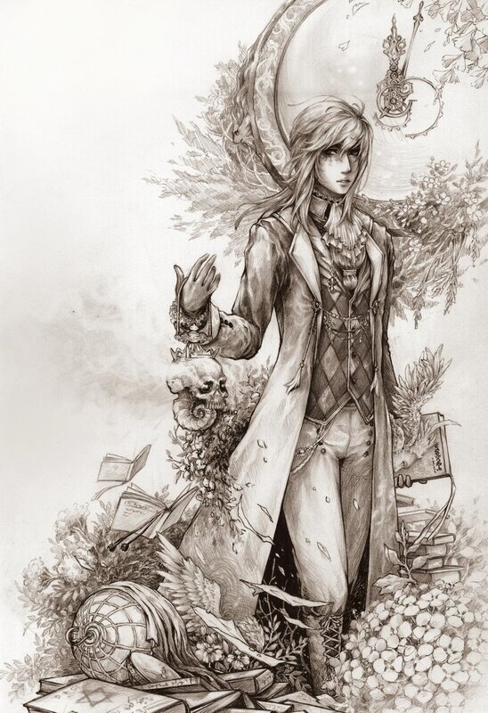Fantasy character with skull and books