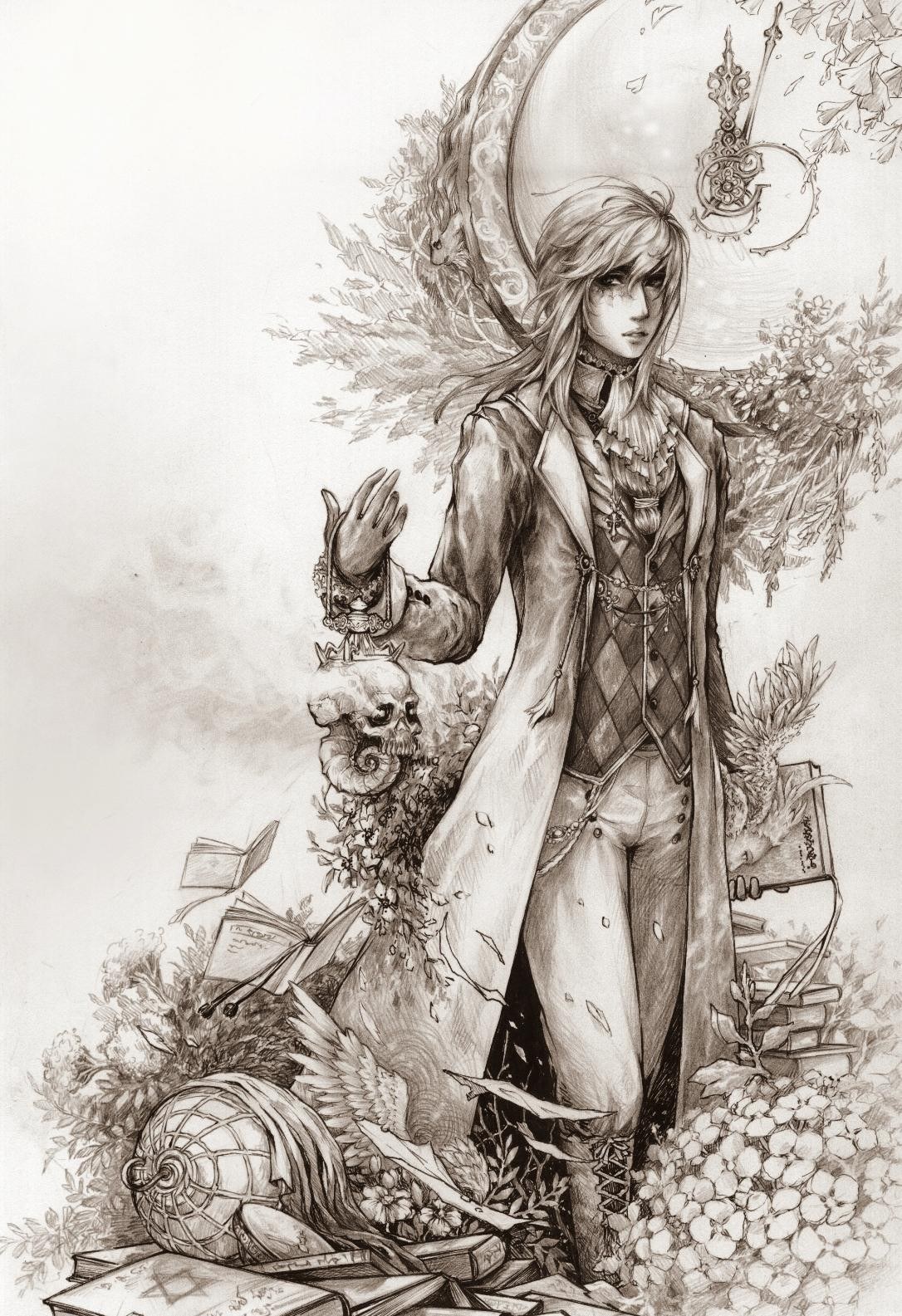Fantasy character with skull and books