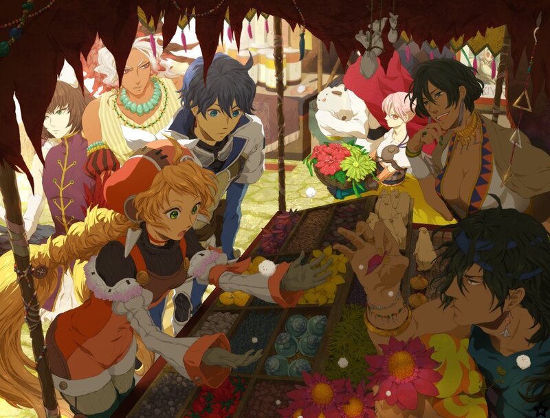 Fantasy characters at a market stall