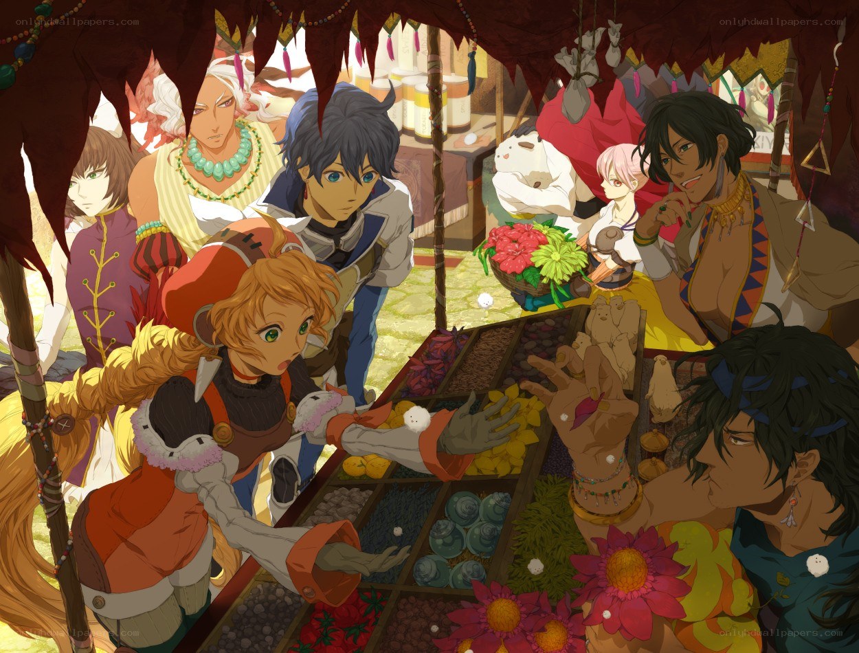 Fantasy characters at a market stall