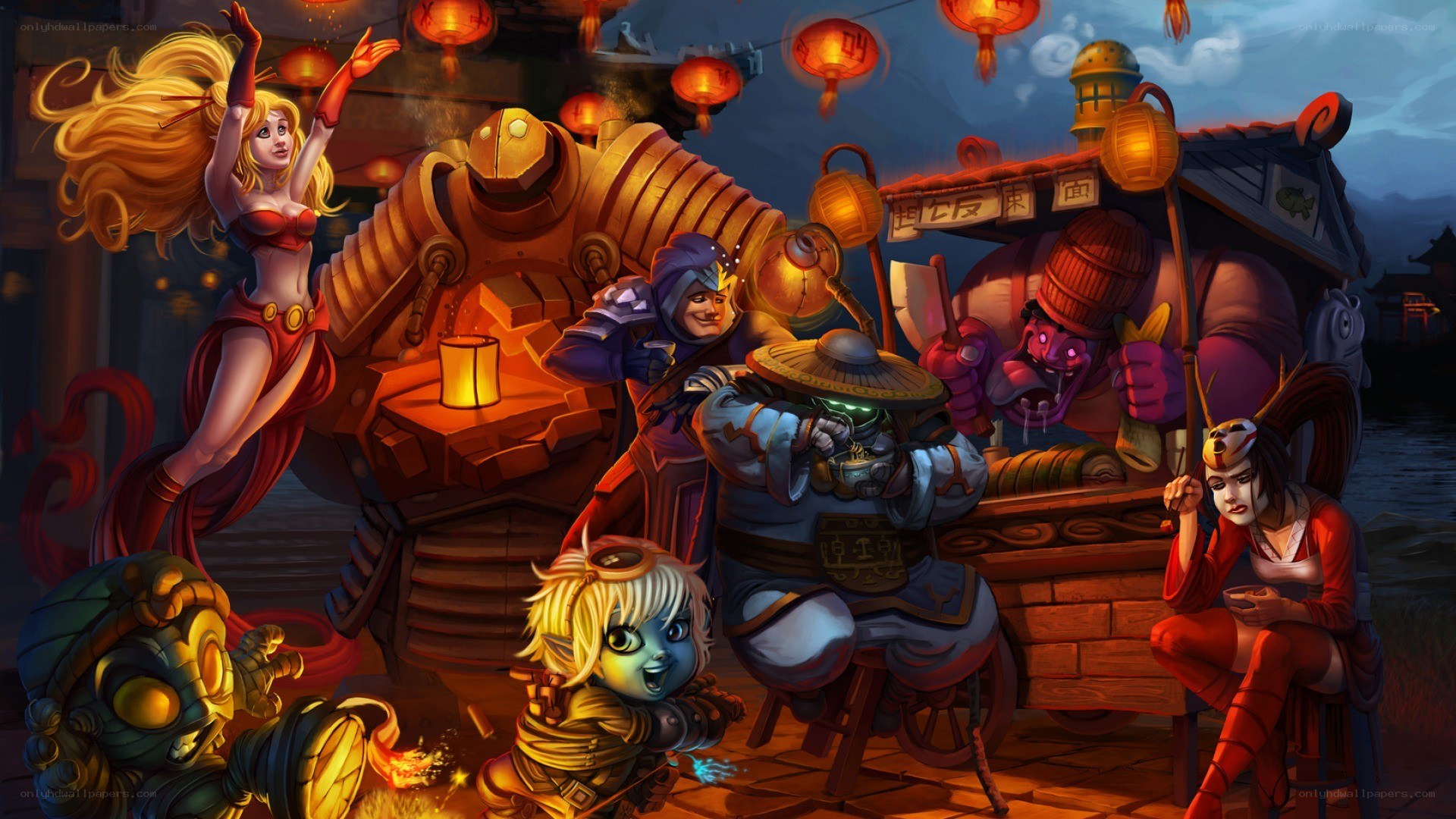 Fantasy characters at a night market