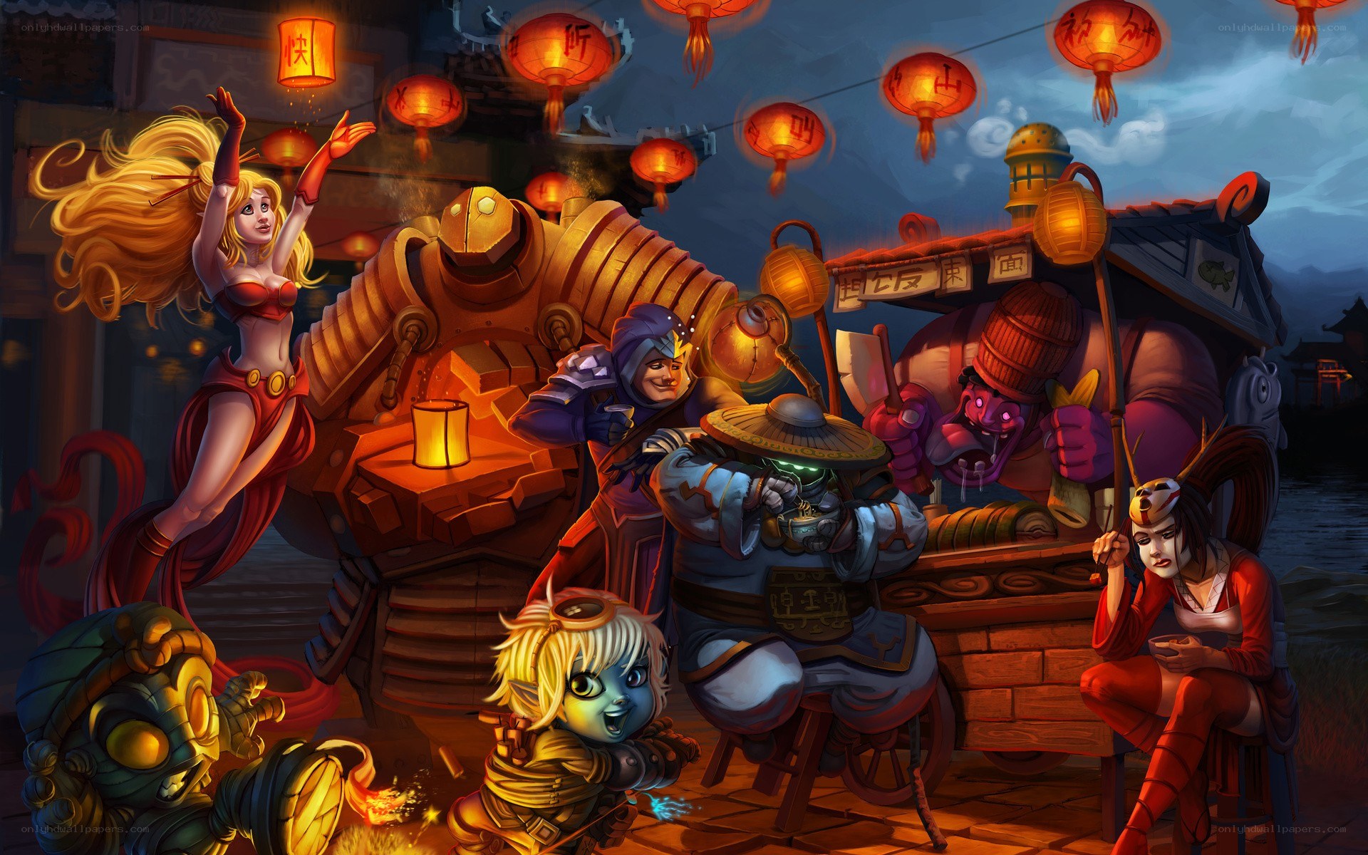 Fantasy characters at night market