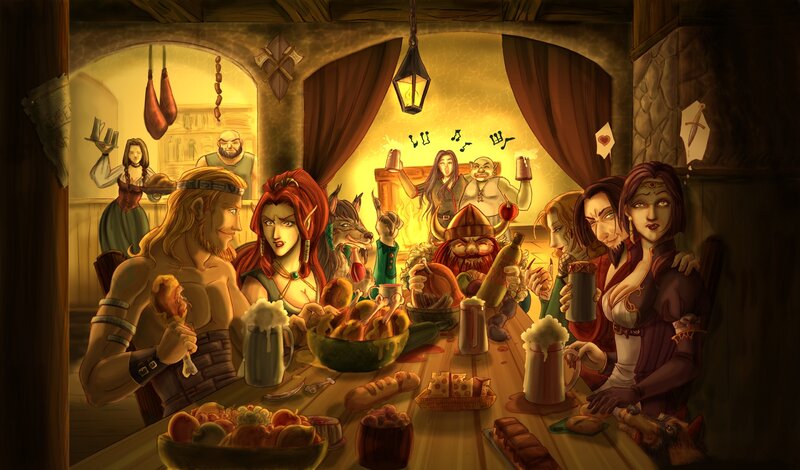 Fantasy Characters at Table — Yellow