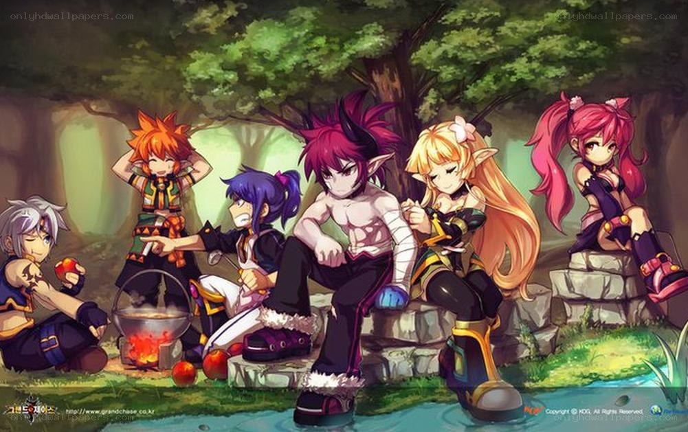 Fantasy characters camping in forest