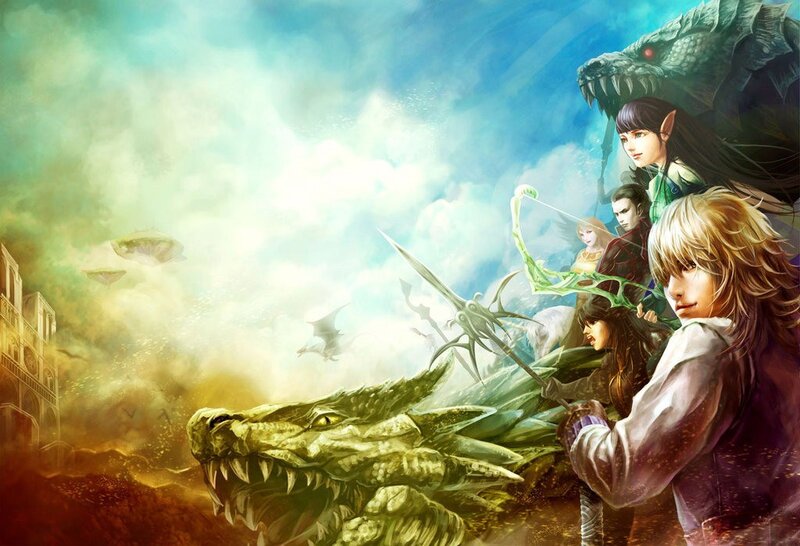 Fantasy Characters Fighting Dragons — Blue