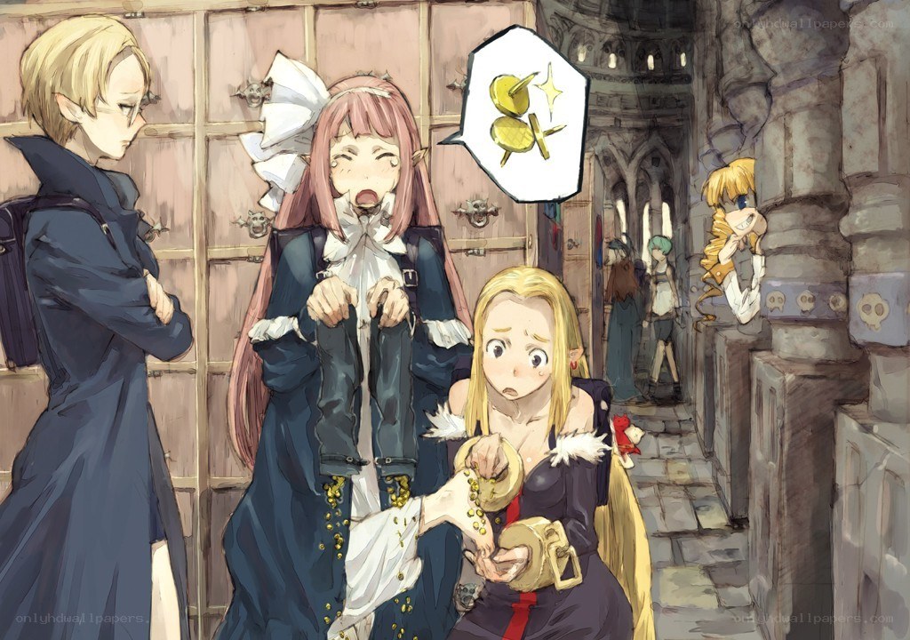 Fantasy characters in a castle corridor