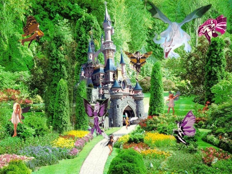 Fantasy characters in a castle garden
