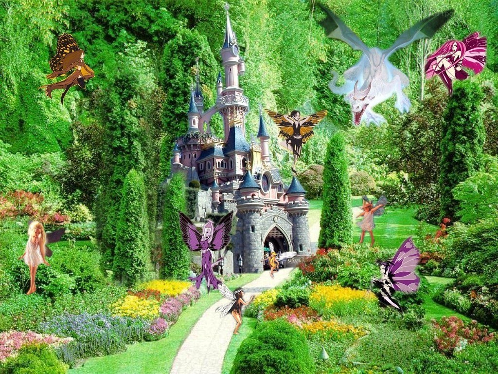 Fantasy characters in a castle garden