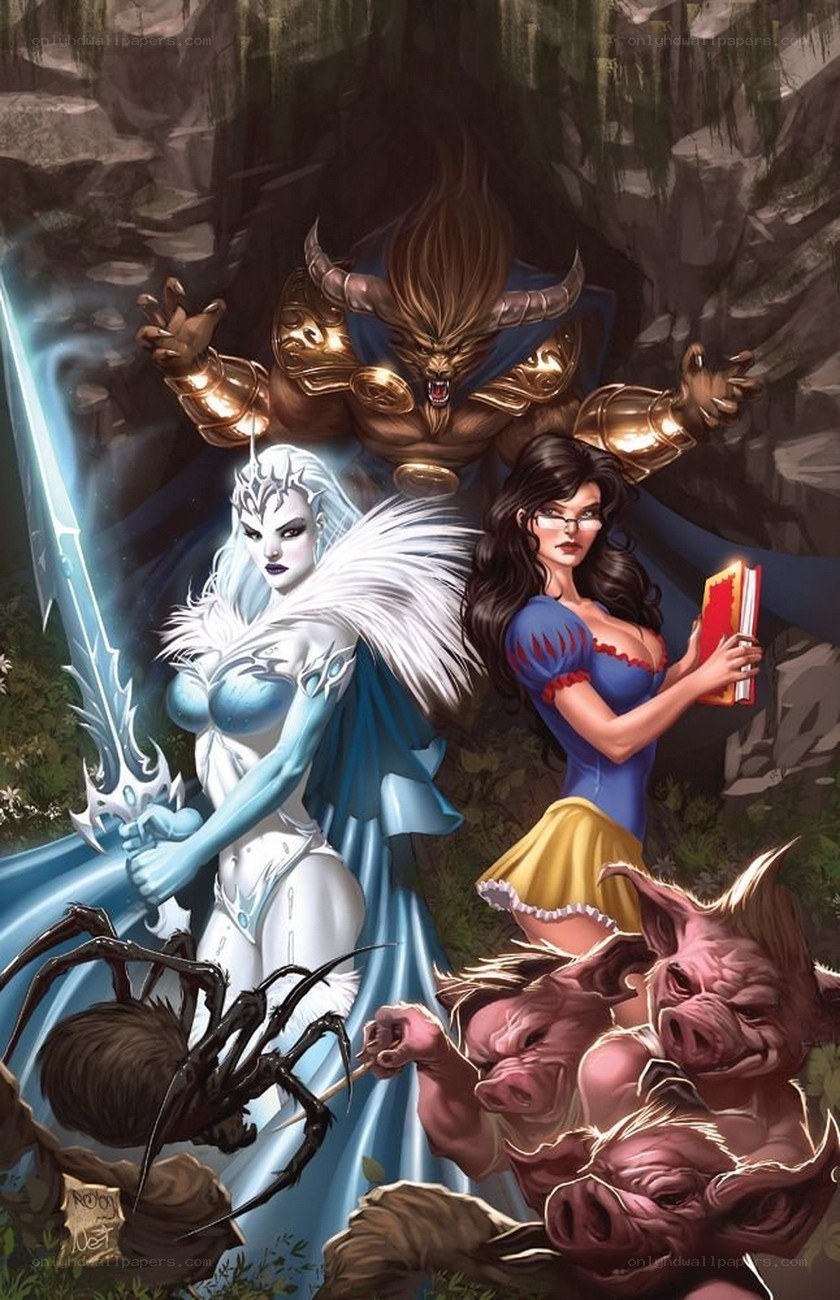 Fantasy characters in a cave