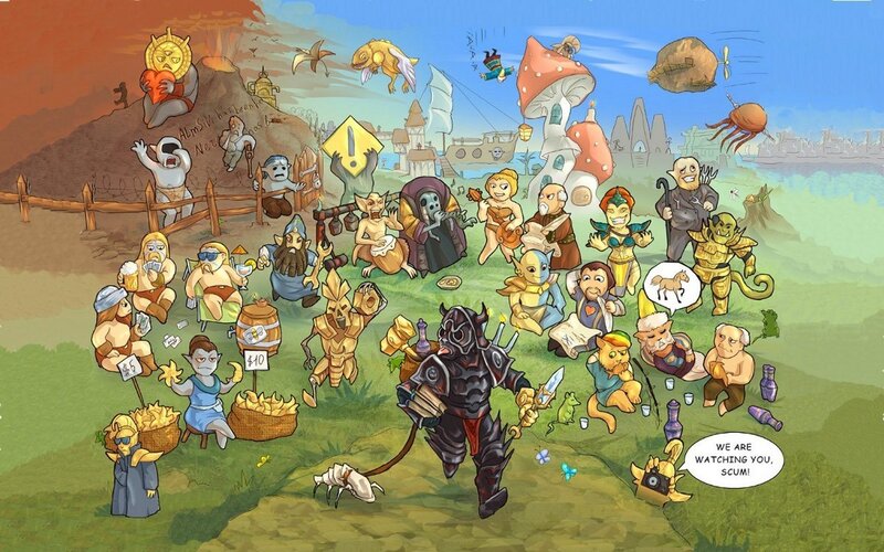 Fantasy characters in a chaotic gathering