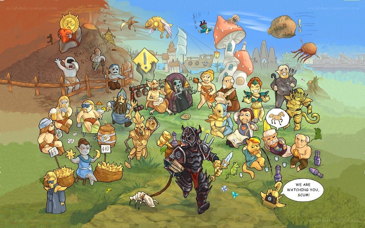 Fantasy characters in a chaotic gathering