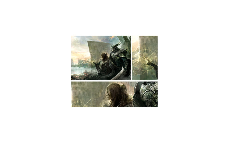 fantasy characters in a city