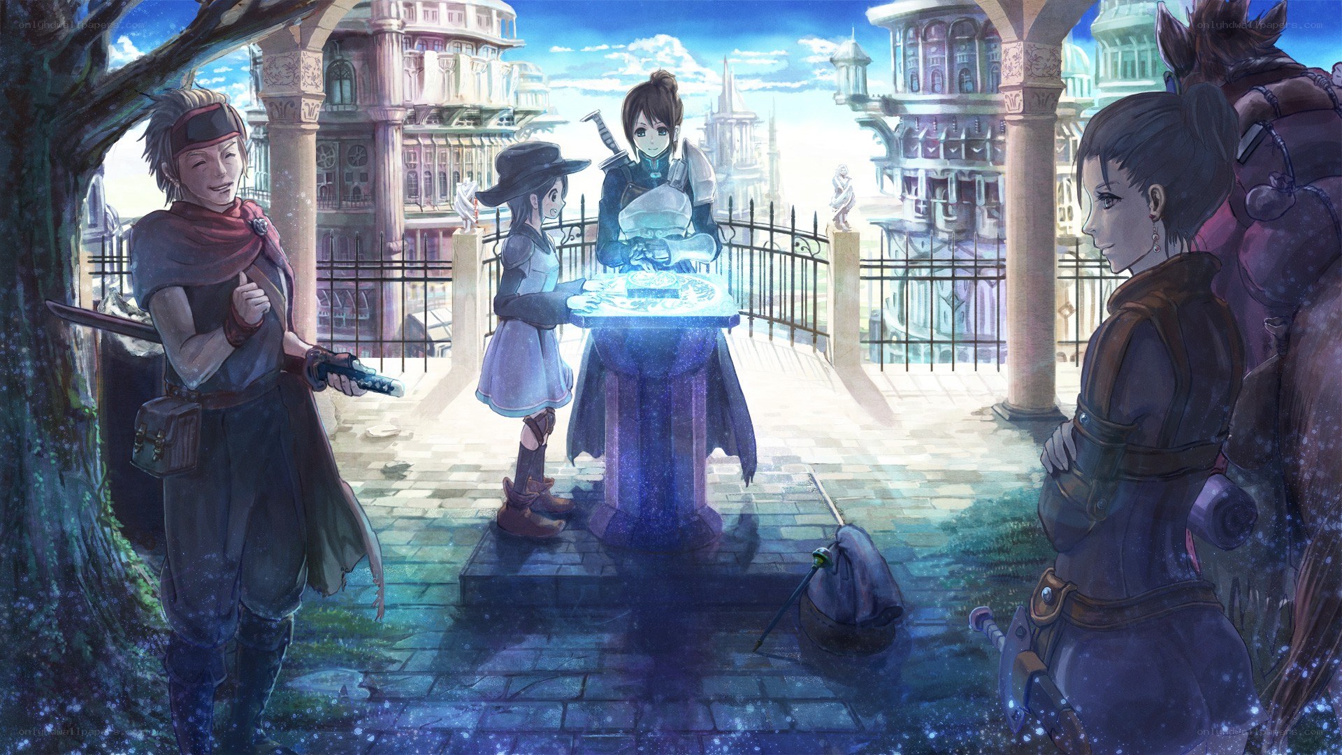 fantasy characters in a city