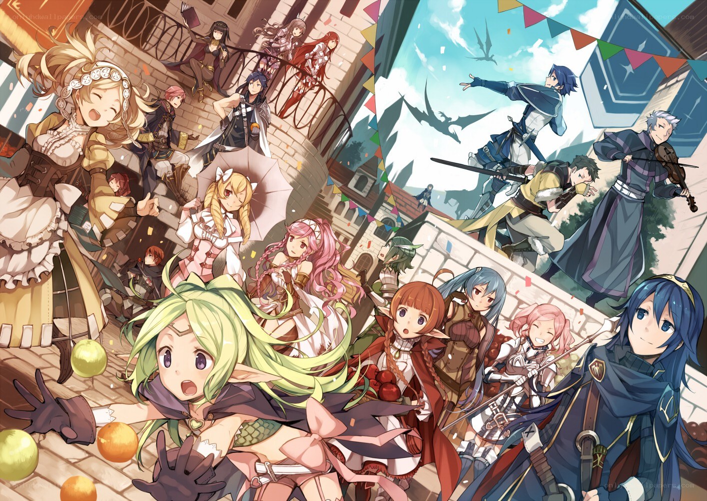 Fantasy characters in a town celebration