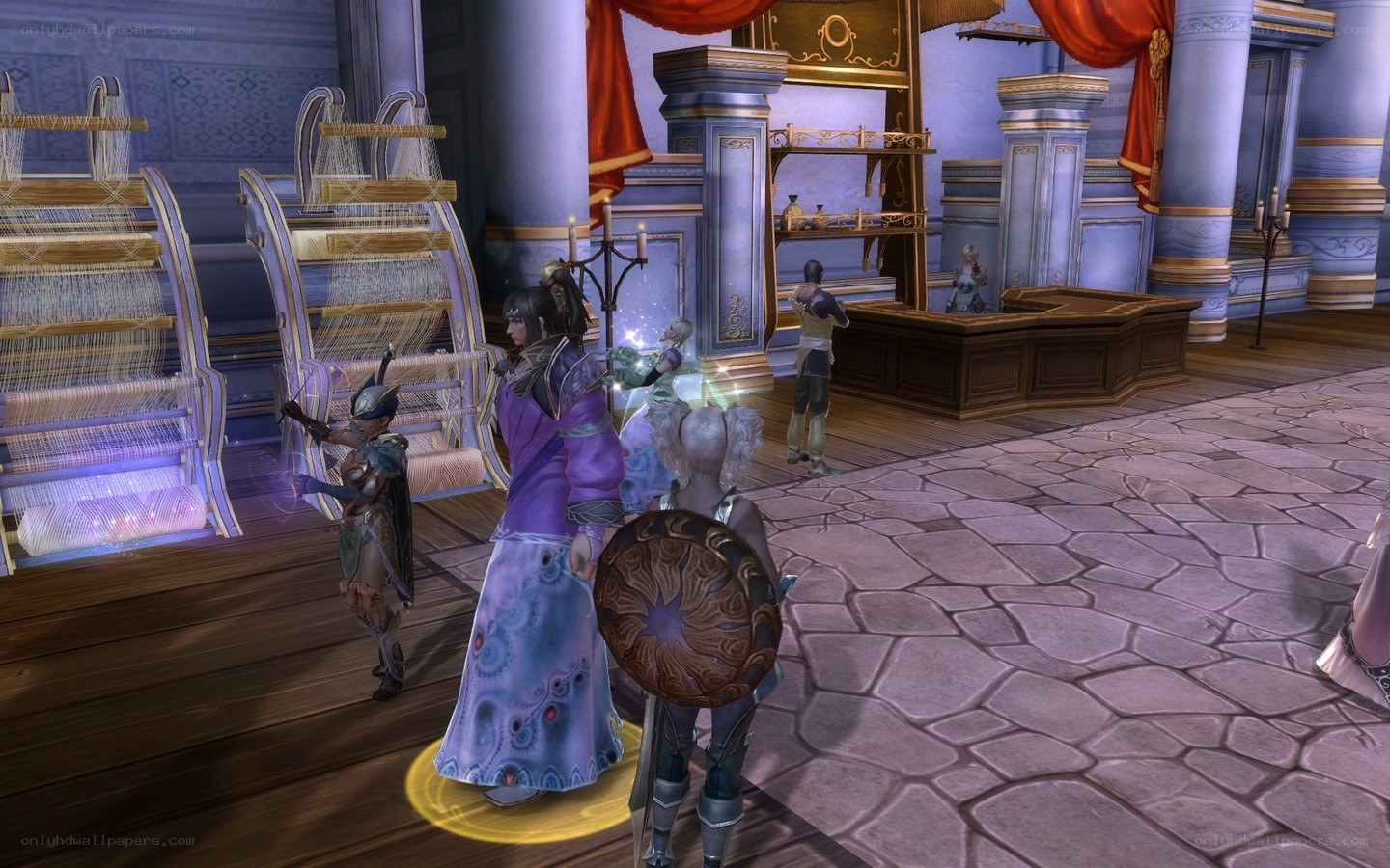 fantasy characters in a weaving room