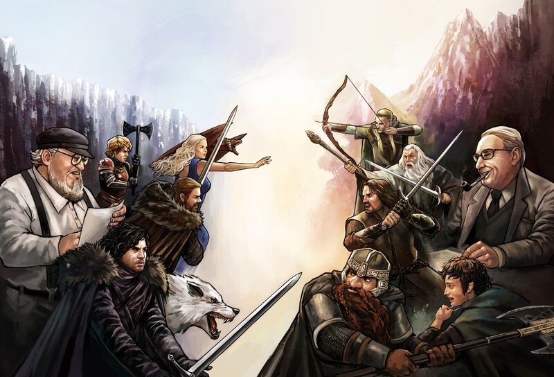 Fantasy Characters in Battle — Brown, Dramatic, Illustration