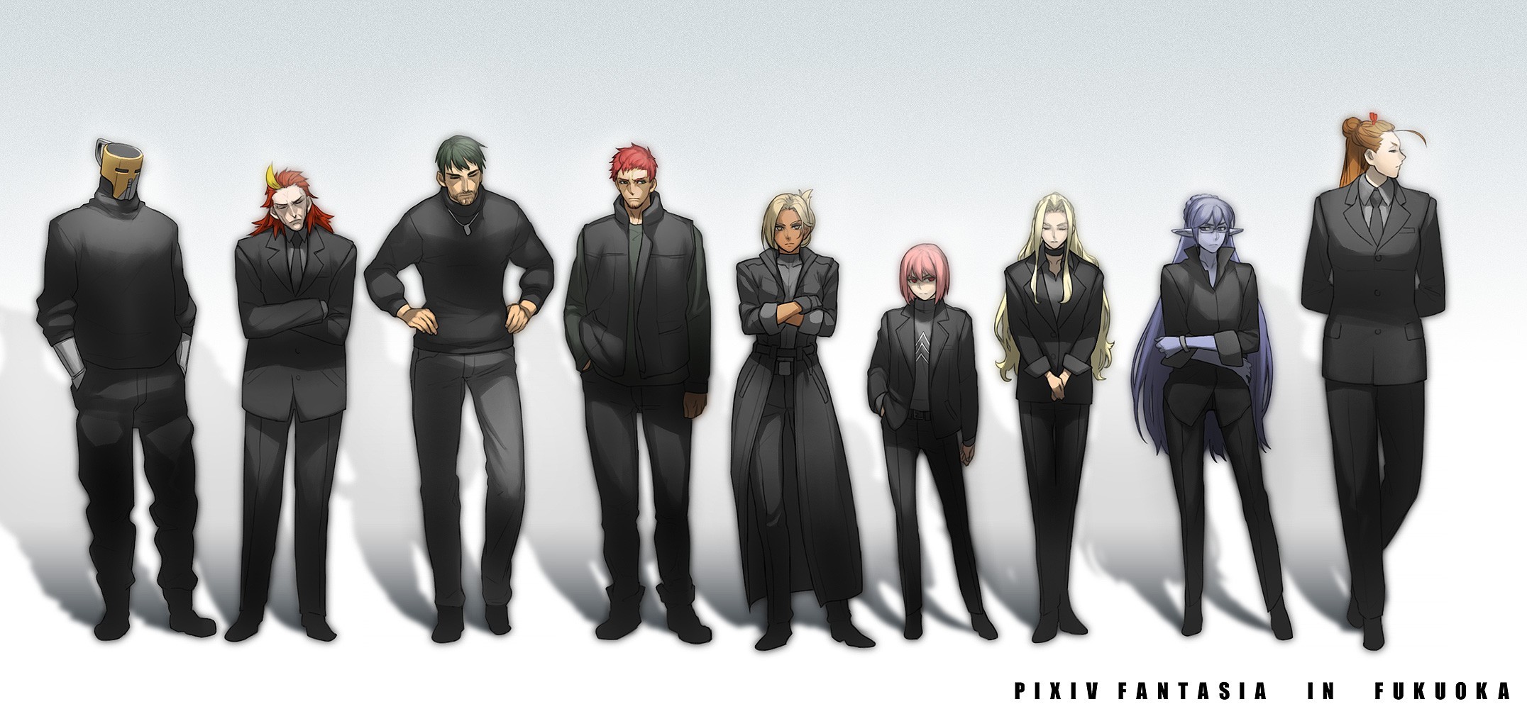 Fantasy characters in black suits