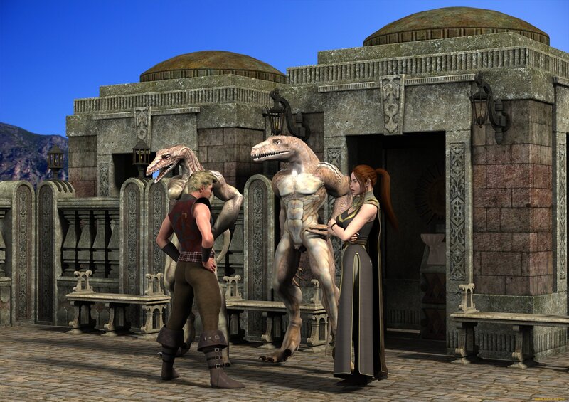 Fantasy characters in courtyard