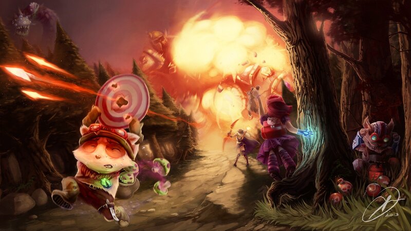 Fantasy characters in forest battle