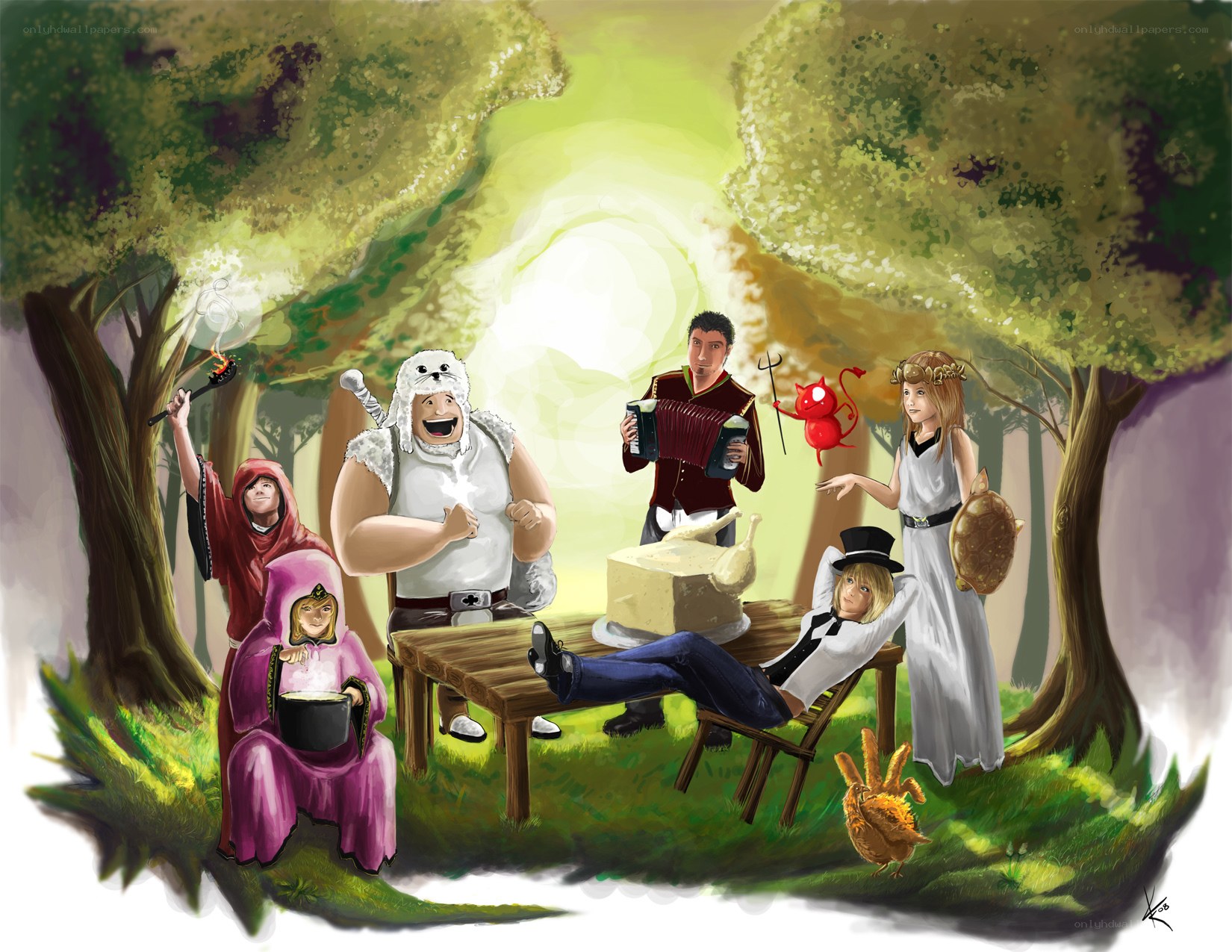Fantasy characters in forest gathering