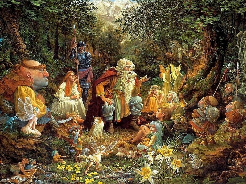 Fantasy Characters in Forest — Green, Peaceful, Afternoon