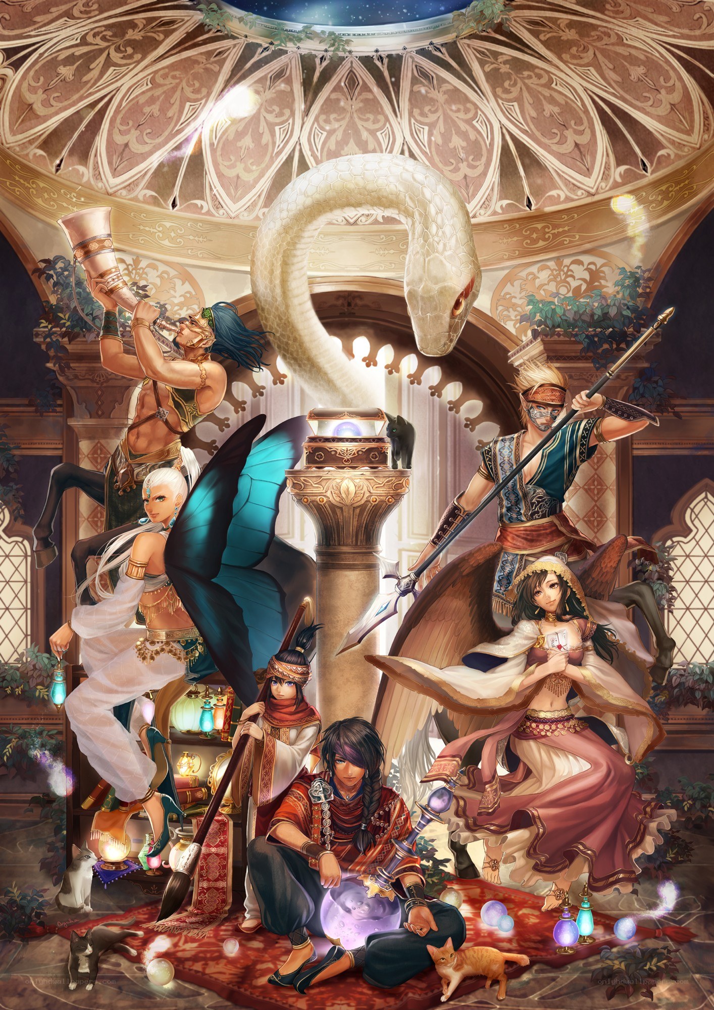 Fantasy characters in ornate hall