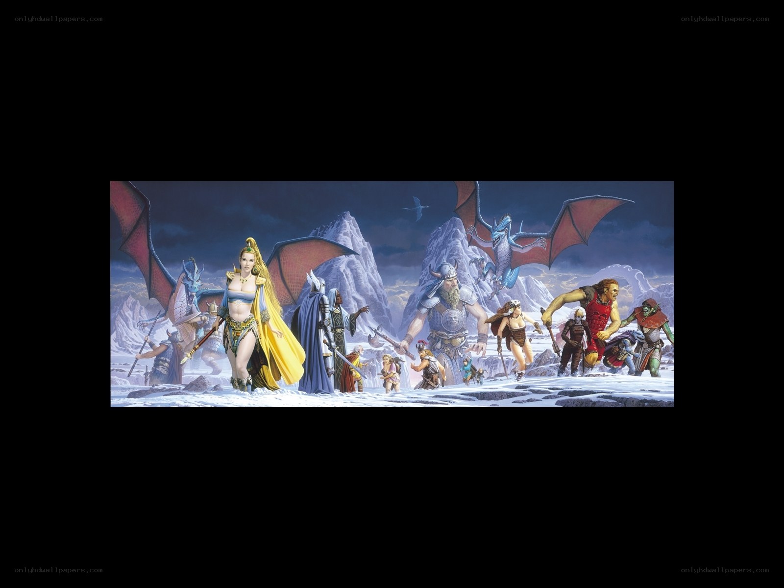 Fantasy characters in snowy landscape