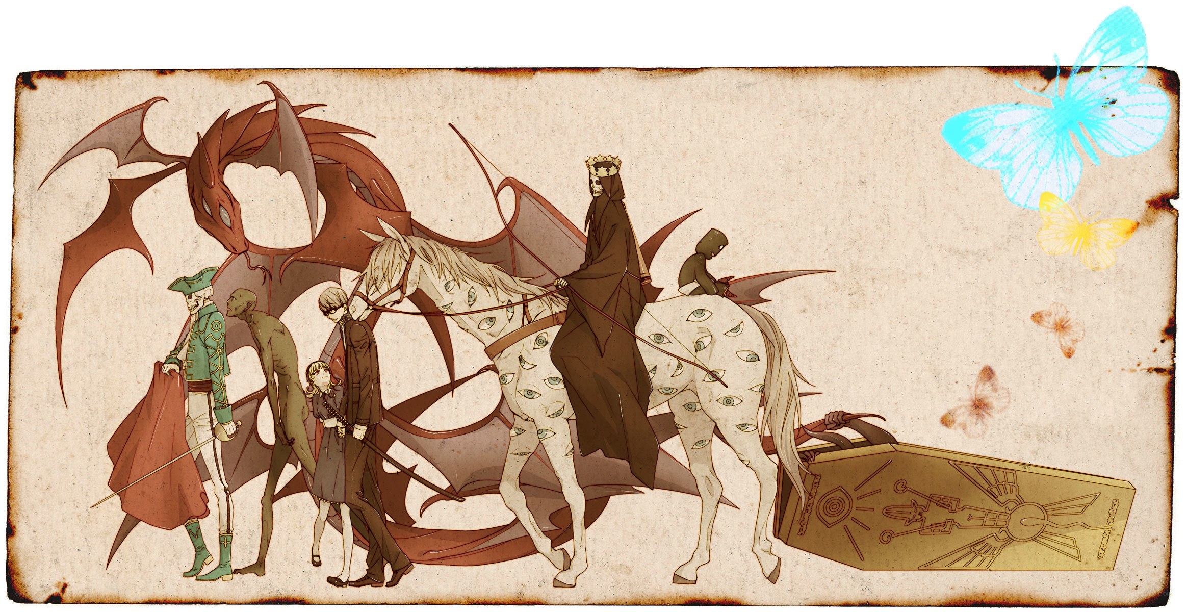 Fantasy characters with dragon and coffin