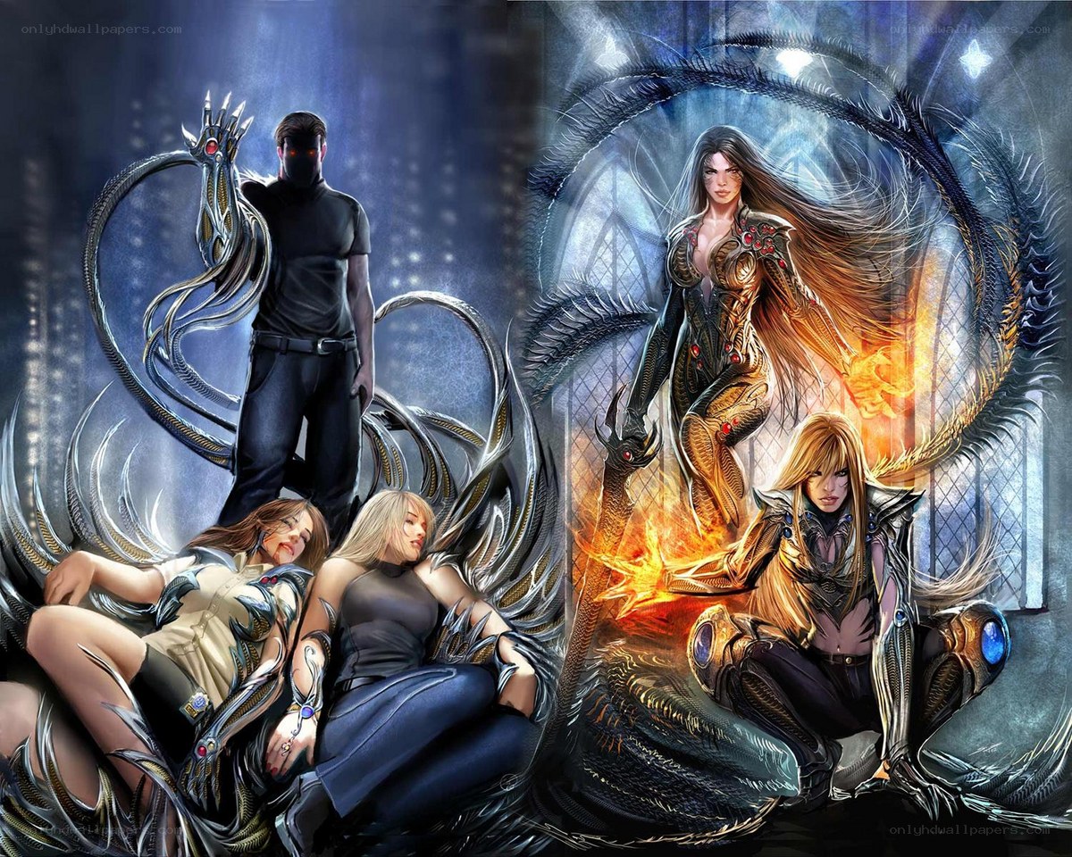 Fantasy characters with dragon motifs