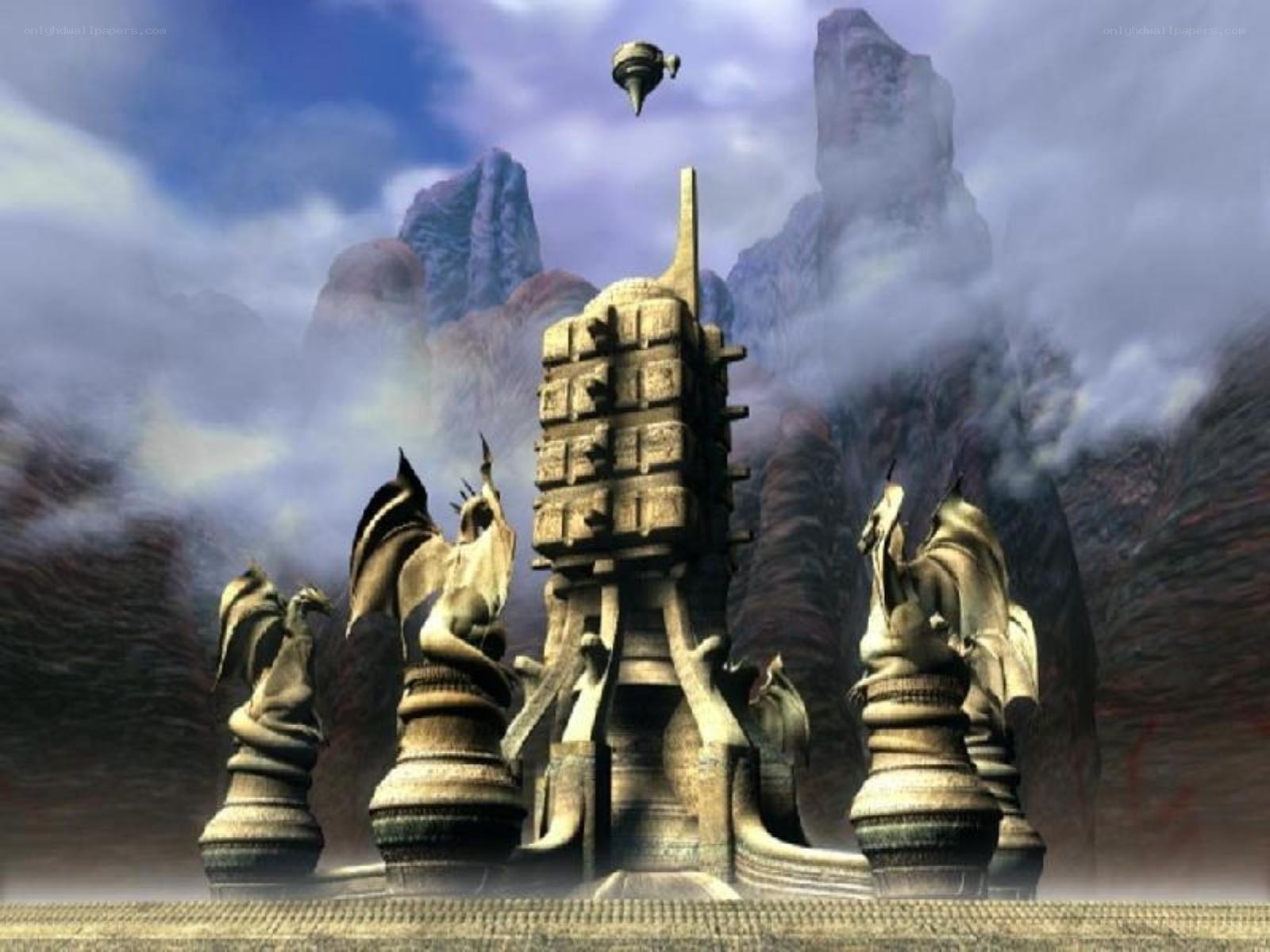 fantasy chess pieces in mountain landscape