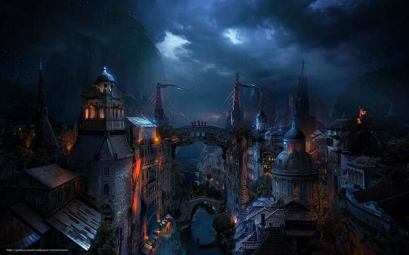 Fantasy City at Night — Blue, Dramatic, Digital Art, Bridge, River, Mountain