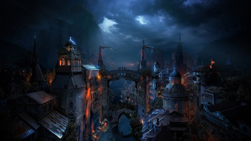 Fantasy City at Night — Blue, Dramatic, Digital Art, Bridge
