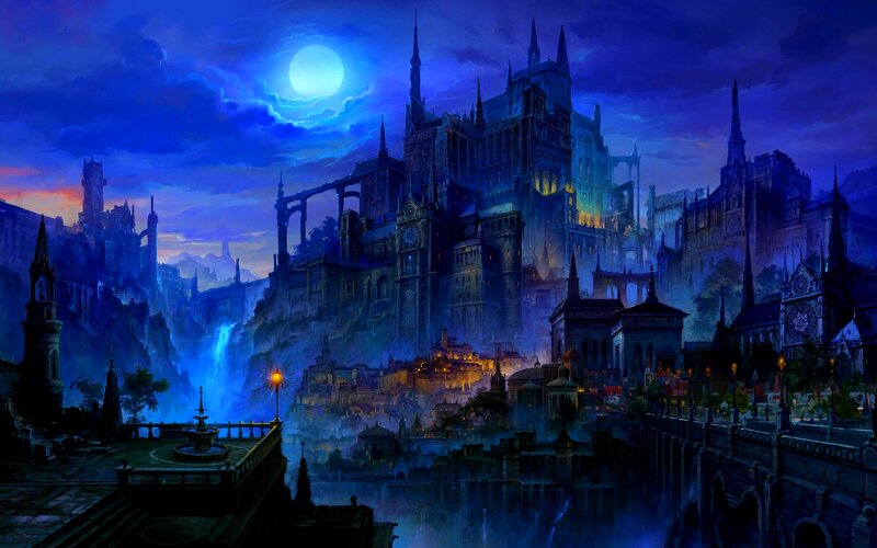 Fantasy City at Night — Blue, Dramatic, Digital Art
