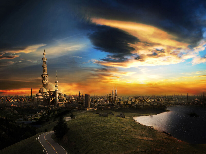Fantasy city at sunset