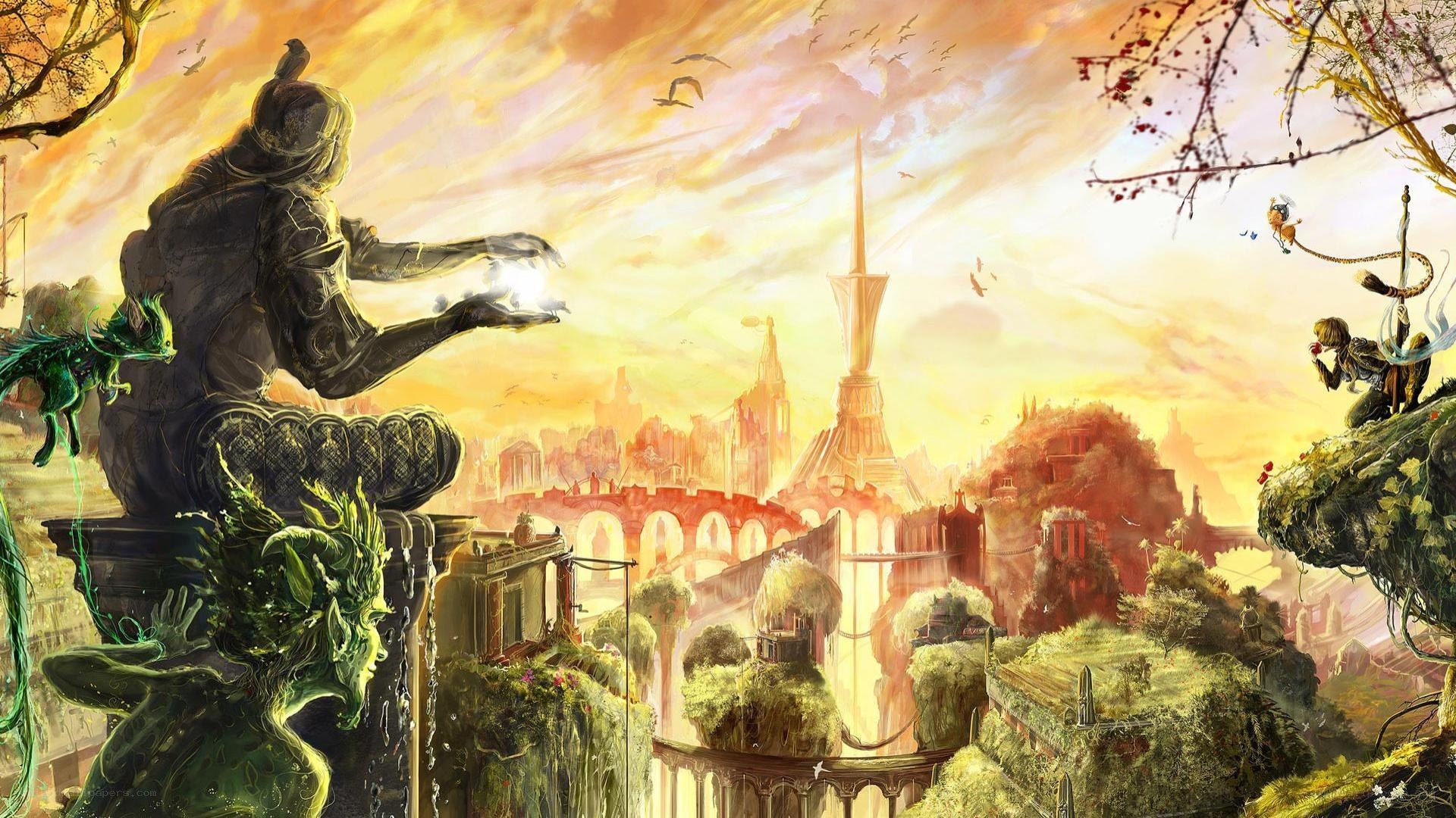 Fantasy city at sunset