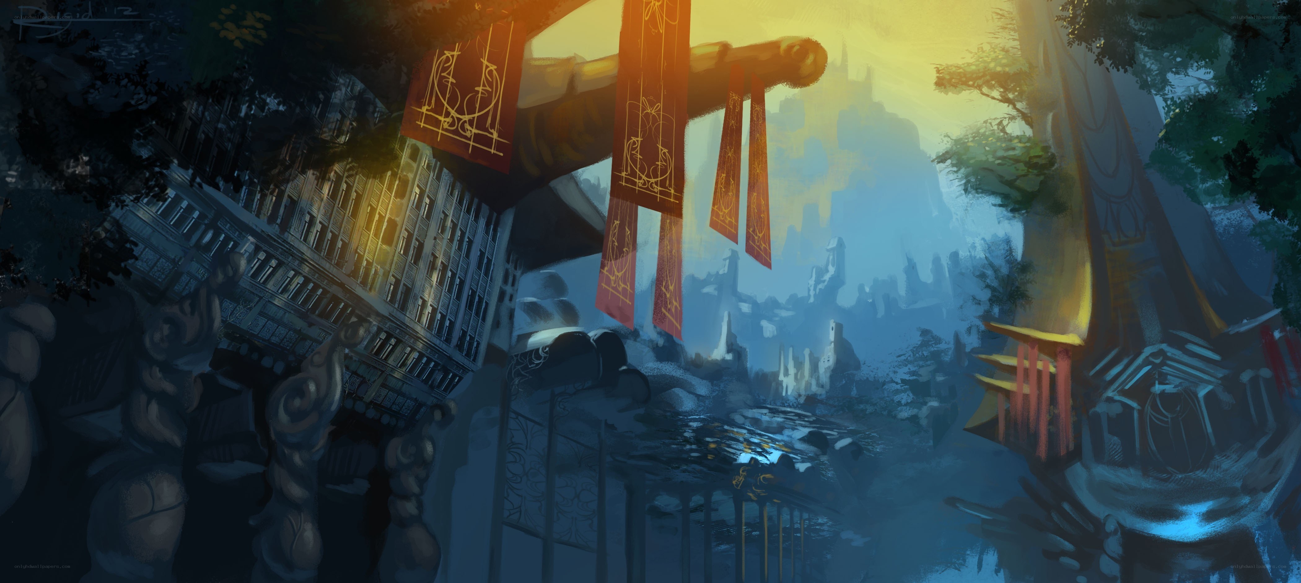 Fantasy city at sunset