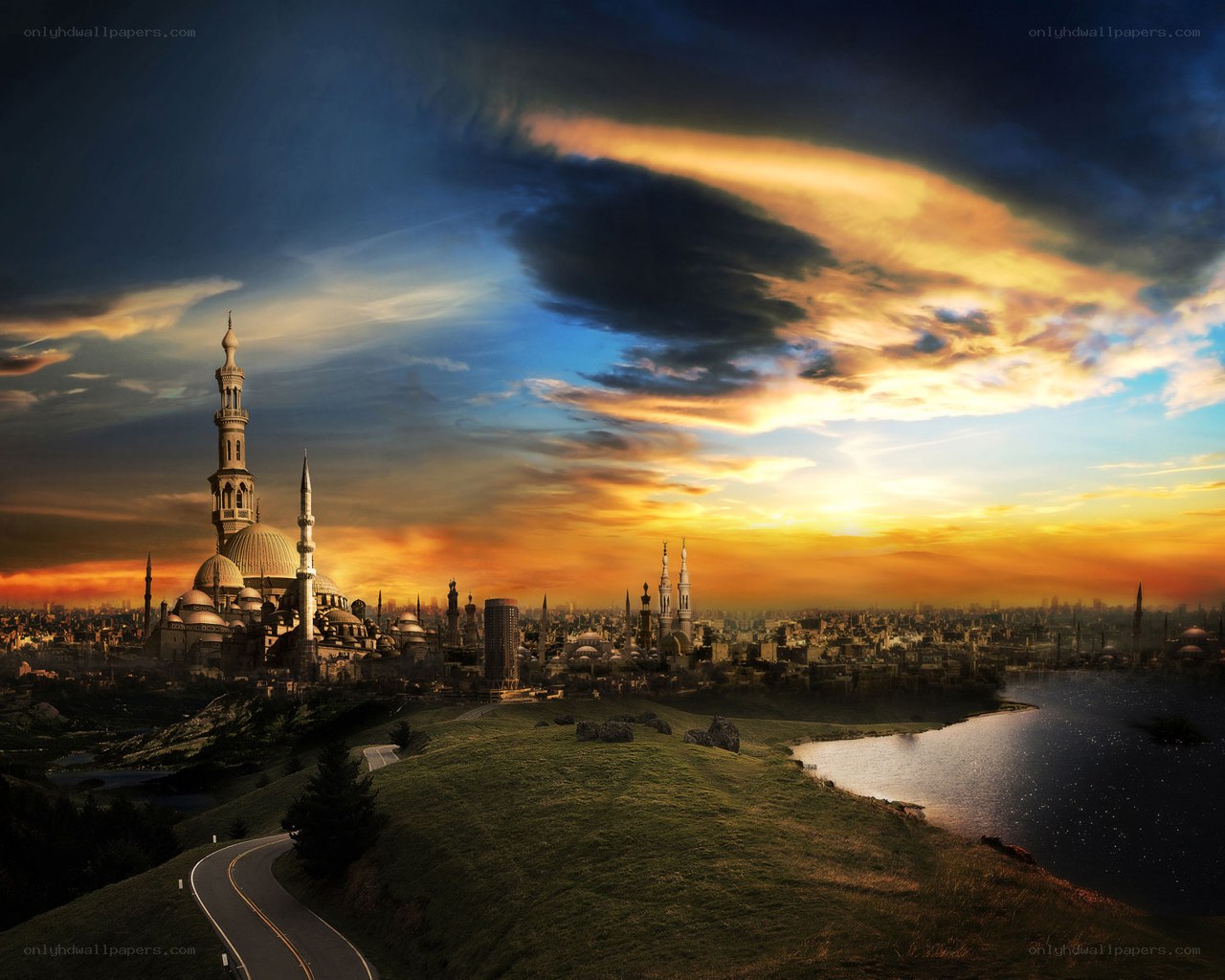 Fantasy city at sunset