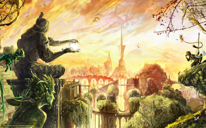 Fantasy city at sunset