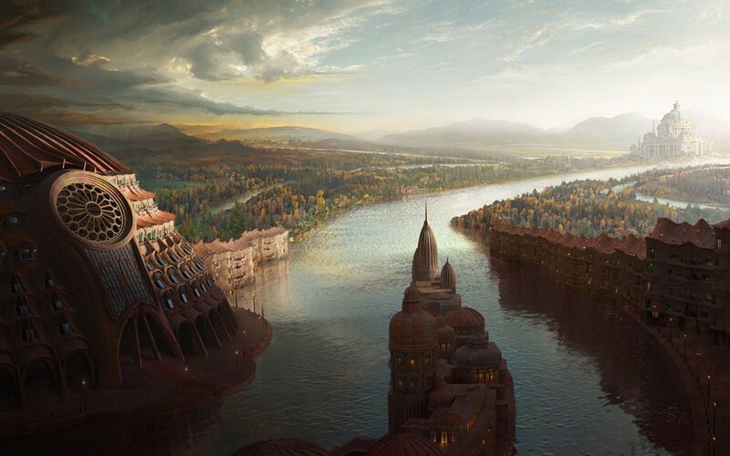 fantasy city by a river