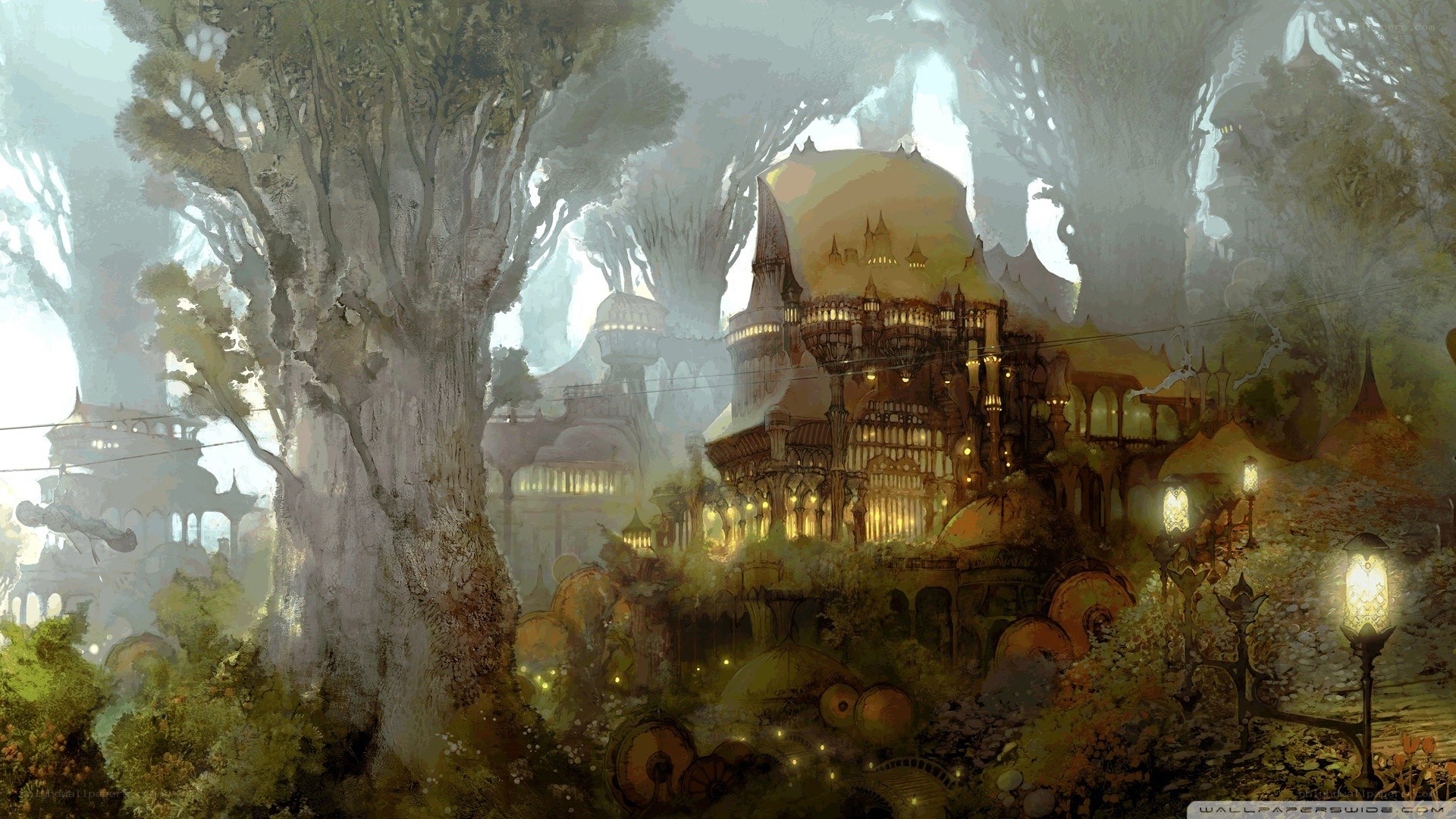 Fantasy city in a misty forest