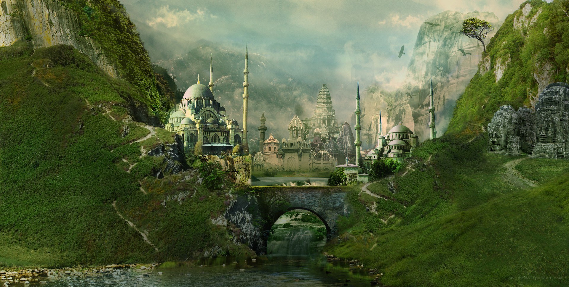 fantasy city in a mountain valley